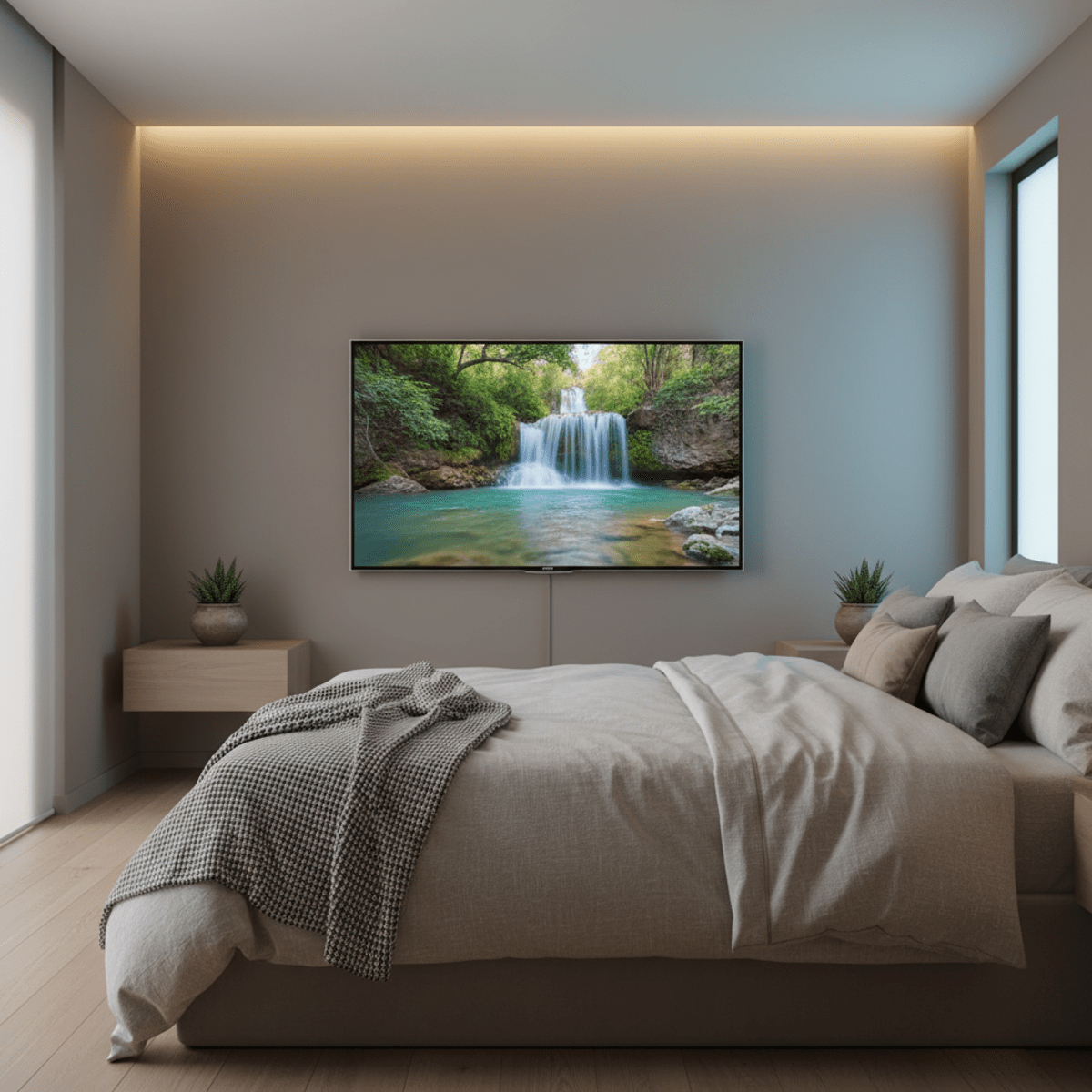 Serene bedroom with wall-mounted TV displaying a tranquil waterfall scene.