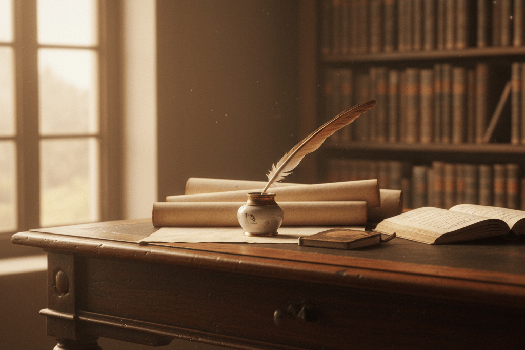 Antique desk setup evoking untapped creative potential Desk with quill, inkwell, and parchment under soft natural light, symbolizing hidden value in overlooked assets