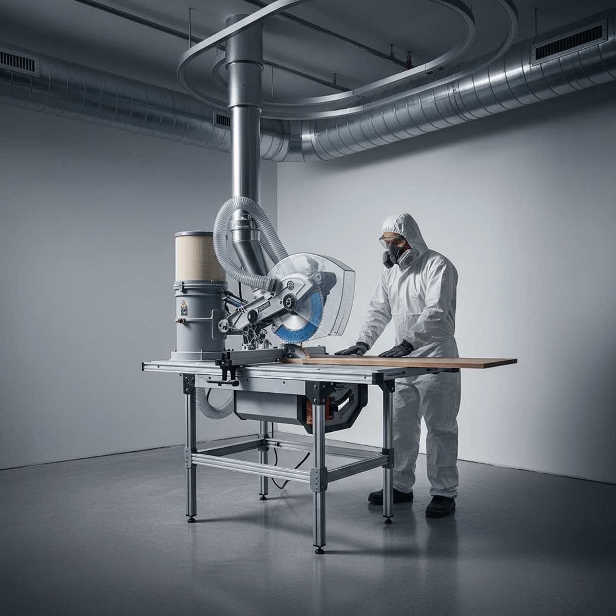 Cordless table saw in modern healthcare remodel, dust-free with HEPA filtration.
