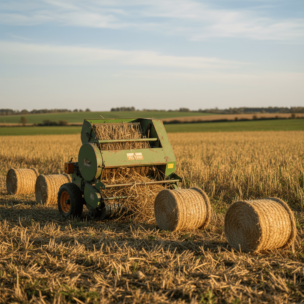 Mini baler compresses hemp stalks in a rustic field under an autumn sky.
