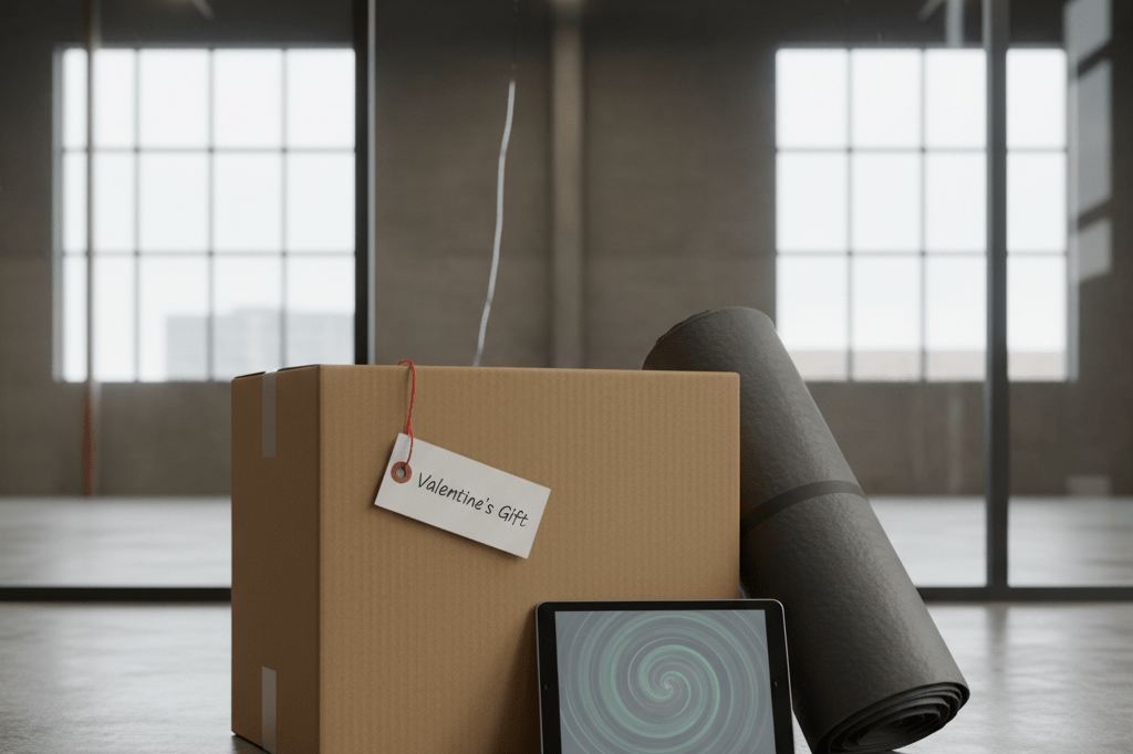 Medium shot of a weather-proofed shipping box, tarp, and weather tablet in a well-lit logistics facility