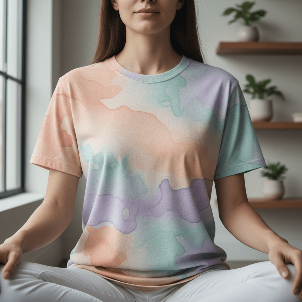 Person wearing a pastel gradient t-shirt meditating indoors with soft natural light.