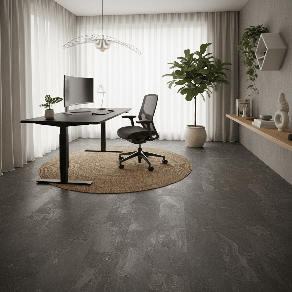 Dramatic dark grey cork flooring with subtle wood grain in a contemporary home office.