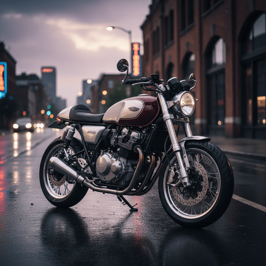 Neo-retro cafe racer motorcycle parked on a wet urban street at dusk.