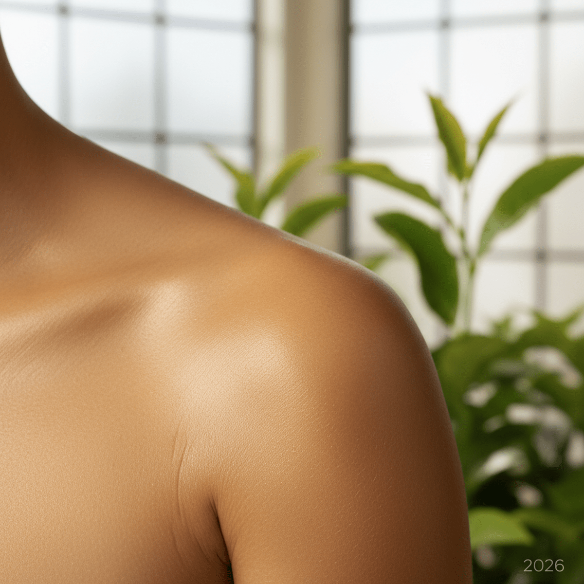 Natural sun-kissed skin with organic spray tan, smooth, hydrated, and botanical sheen.