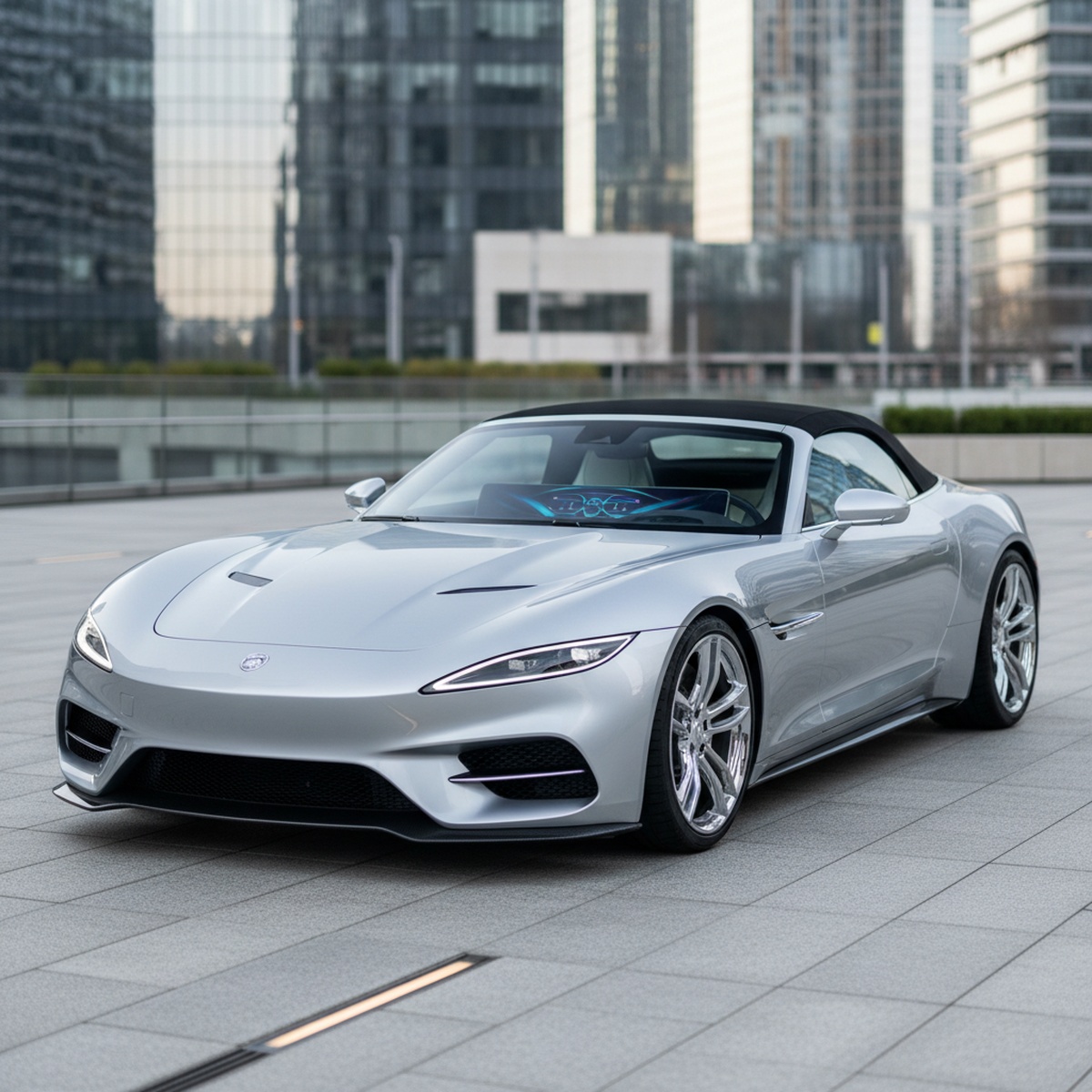 Sleek silver luxury roadster with matte black top parked in modern urban plaza.