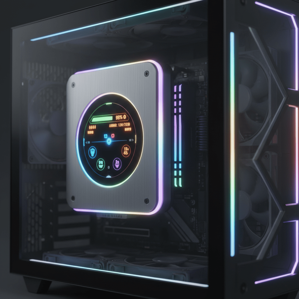 Futuristic CPU cooler with vibrant in-game HUD on a sleek metallic gaming PC.