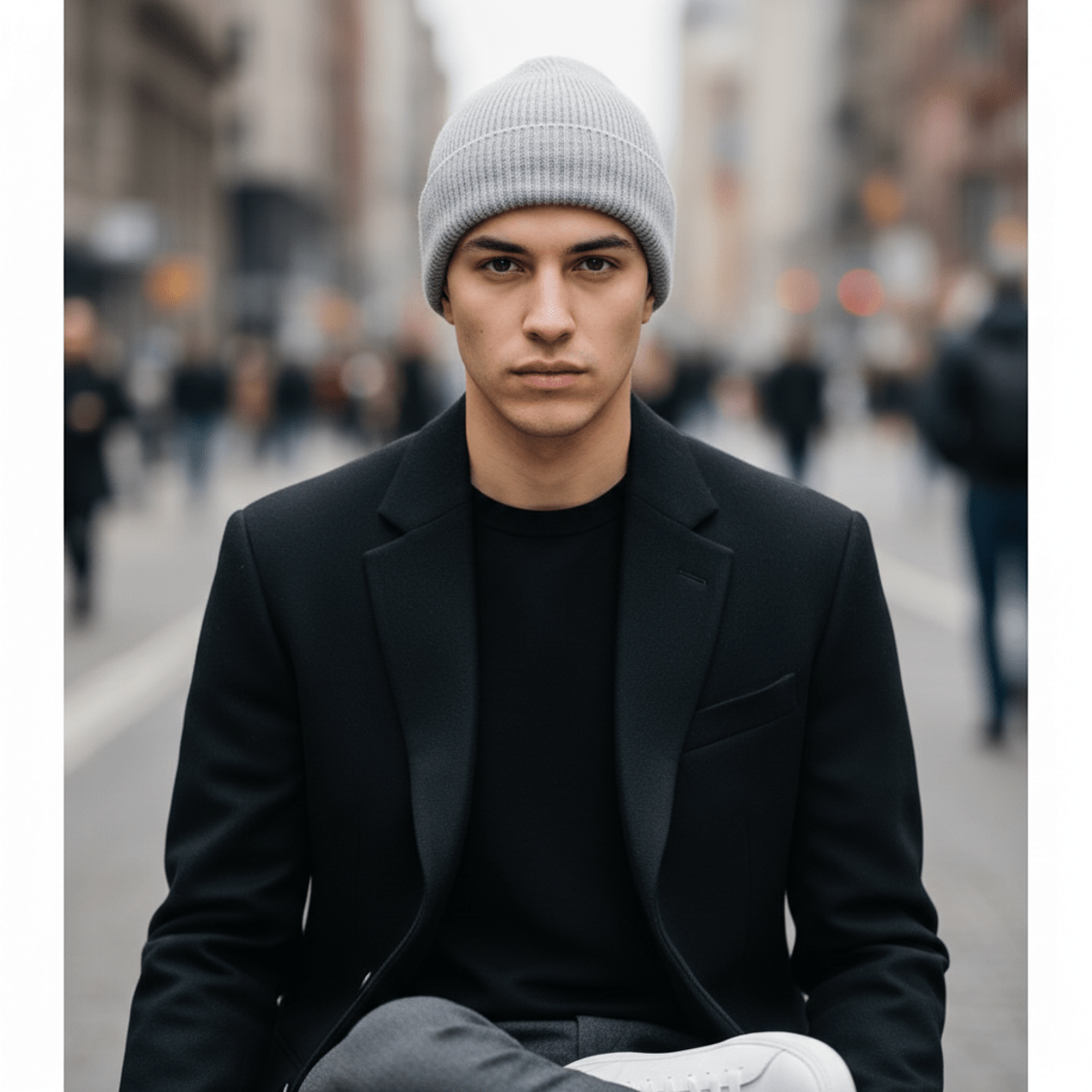 Modern professional in heather gray merino wool beanie and tailored overcoat.