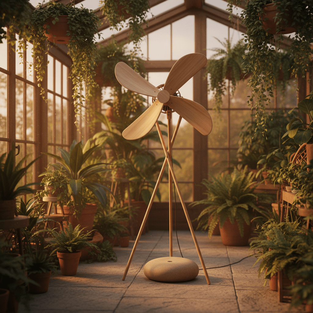 Contemporary fan with organic oak blades on bamboo tripod in sunlit conservatory.