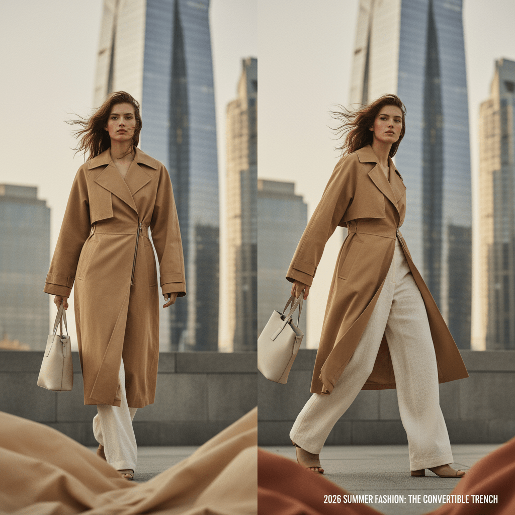 Beige cotton convertible trench coat transforms into a cropped jacket in an urban setting.