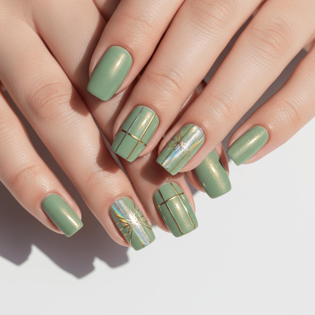 Sophisticated sage green nails with holographic geometric art and metallic shimmer.