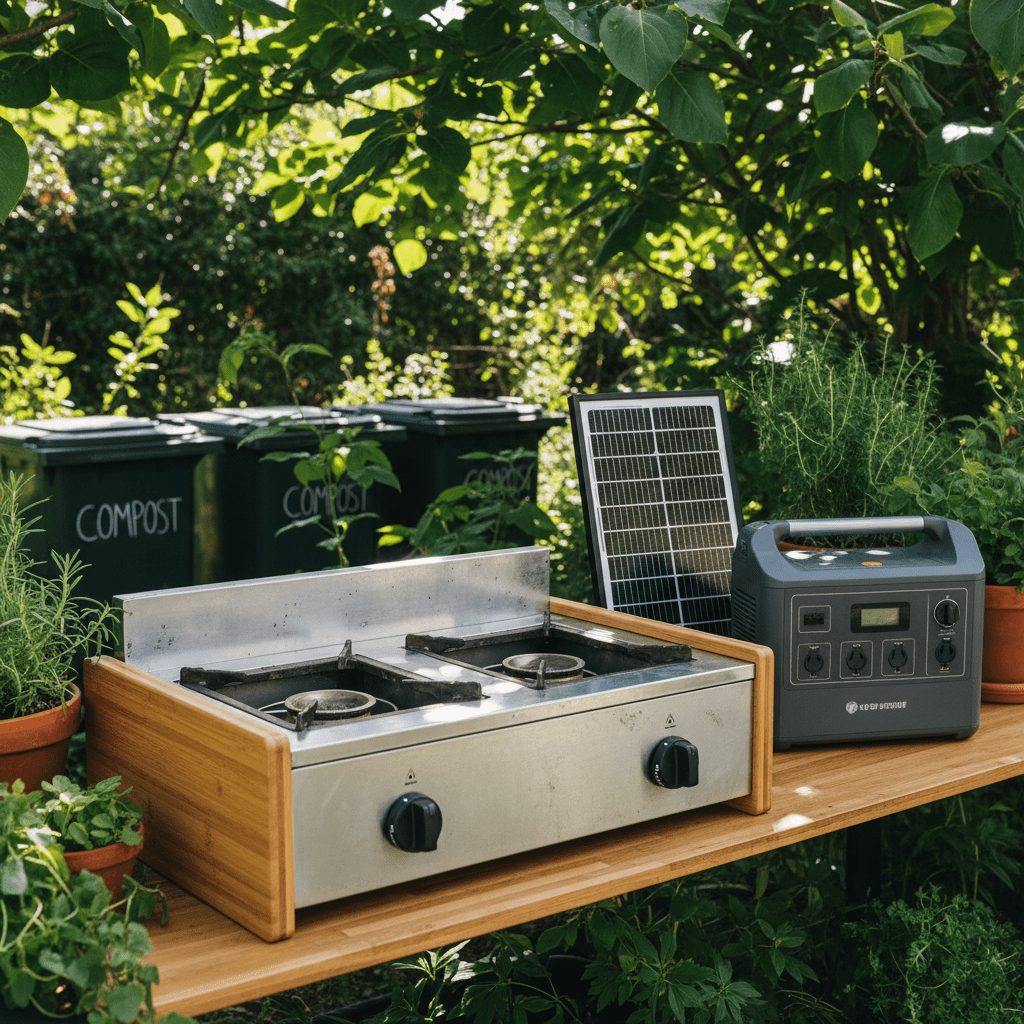 Eco-friendly stove with bamboo and recycled aluminum, solar power in outdoor kitchen.