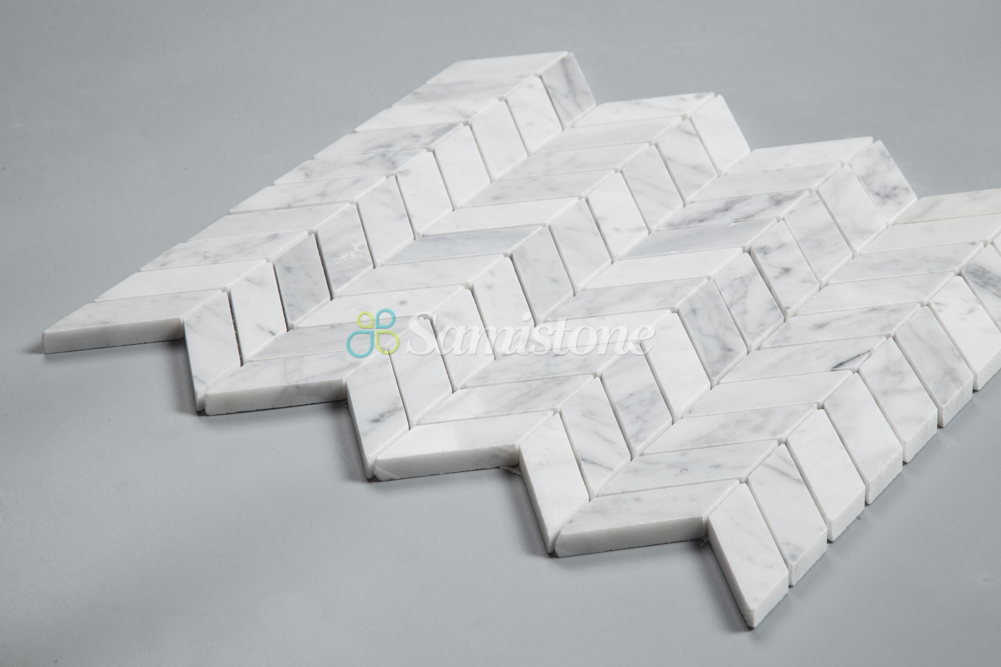 Saimstone White Marble Carrara Chevron Mosaic Tile for Bathroom