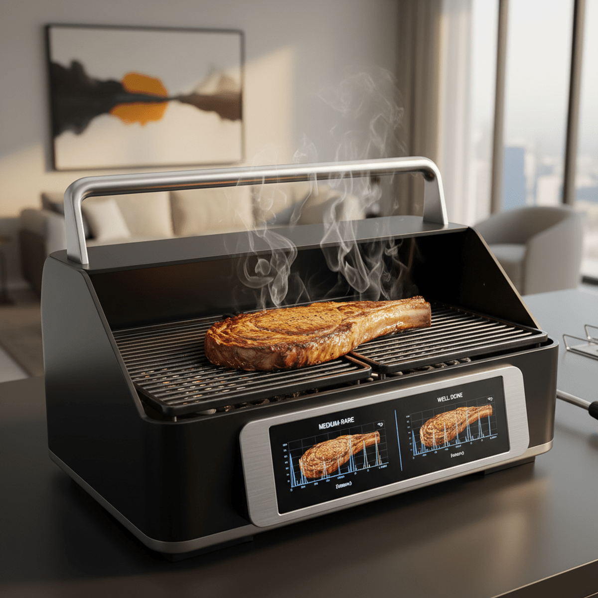 Advanced indoor grill cooks perfect steak with digital doneness indicators. High-end indoor grill with digital display showing steak doneness and sizzling ribeye.