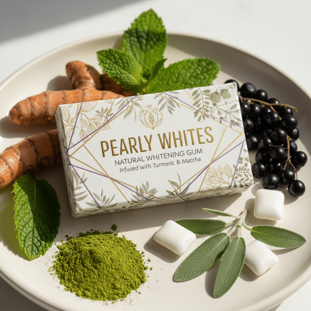 Close-up of teeth whitening gum with natural ingredients like turmeric, matcha, and mint.