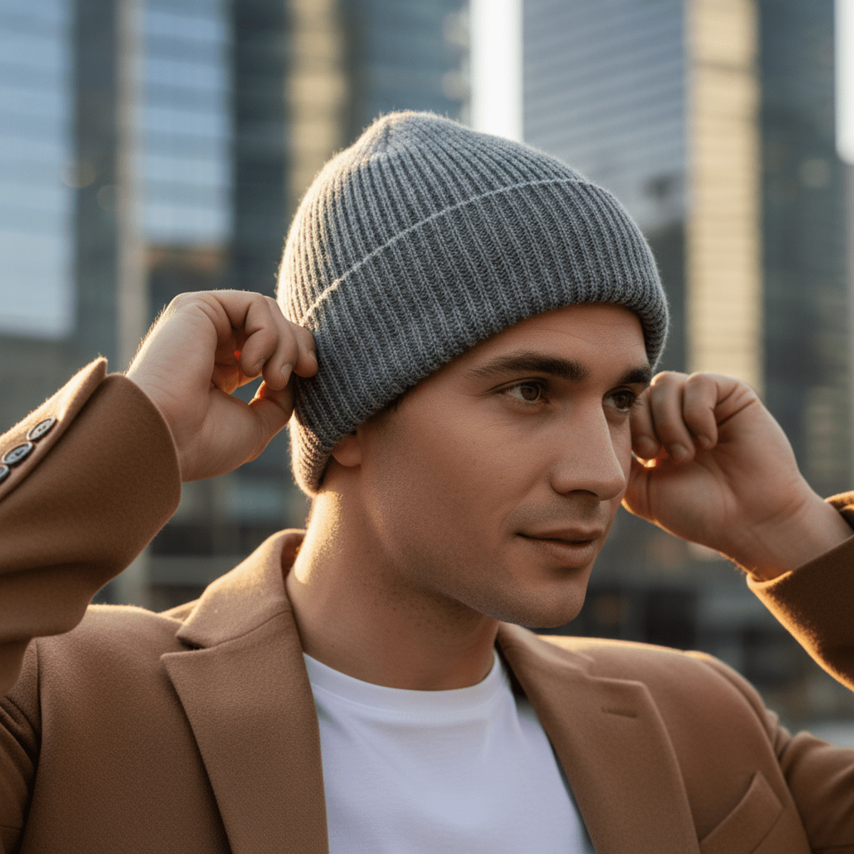 Stylish commuter adjusts heather gray cashmere beanie against blurred golden hour cityscape.