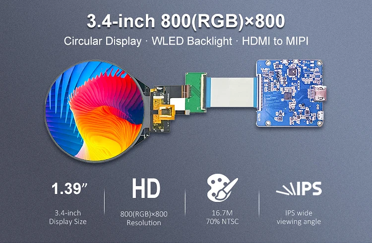 NEW 3.4 inch 800*800 Round TFT IPS Display MIPI DSI interface PCAP touch with H-DMI board application for smart watch