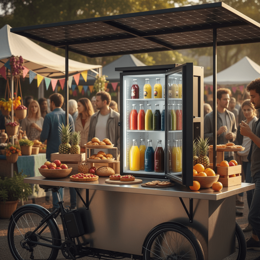 Solar-powered mobile cafe at market with open refrigerator displaying fresh juices.