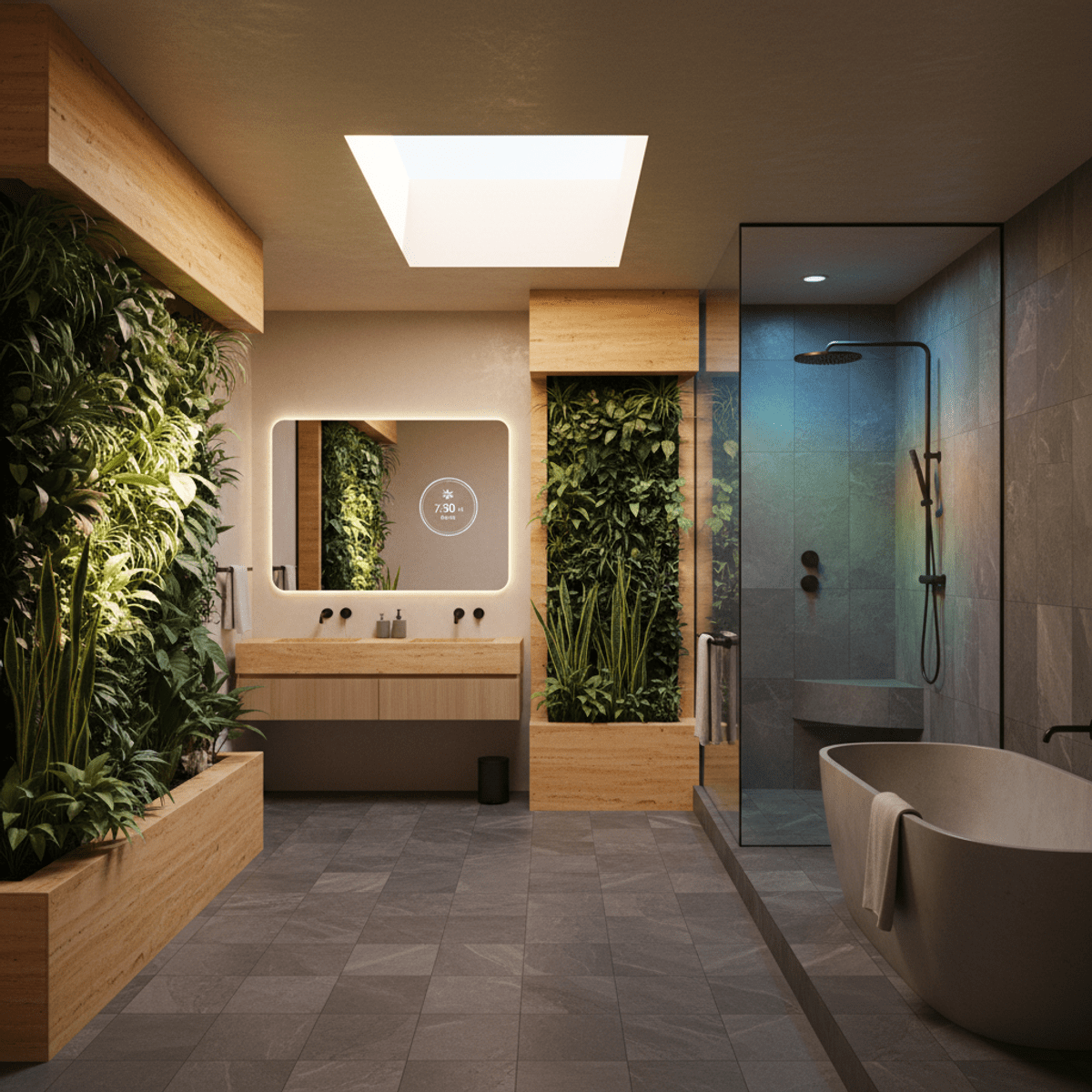 Organic-tech fusion bathroom with living wall and smart mirror. Modern bathroom with living wall, travertine, slate, and smart mirror.