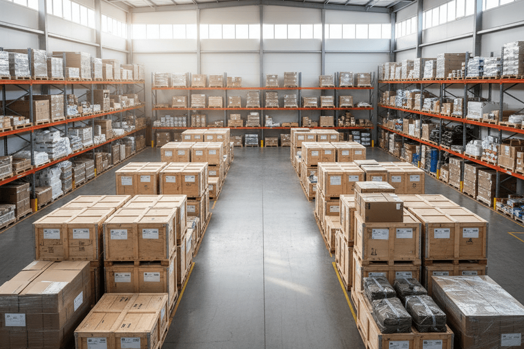 Wide view of organized warehouse with stocked pallets under natural light, reflecting resilient supply chain strategies
