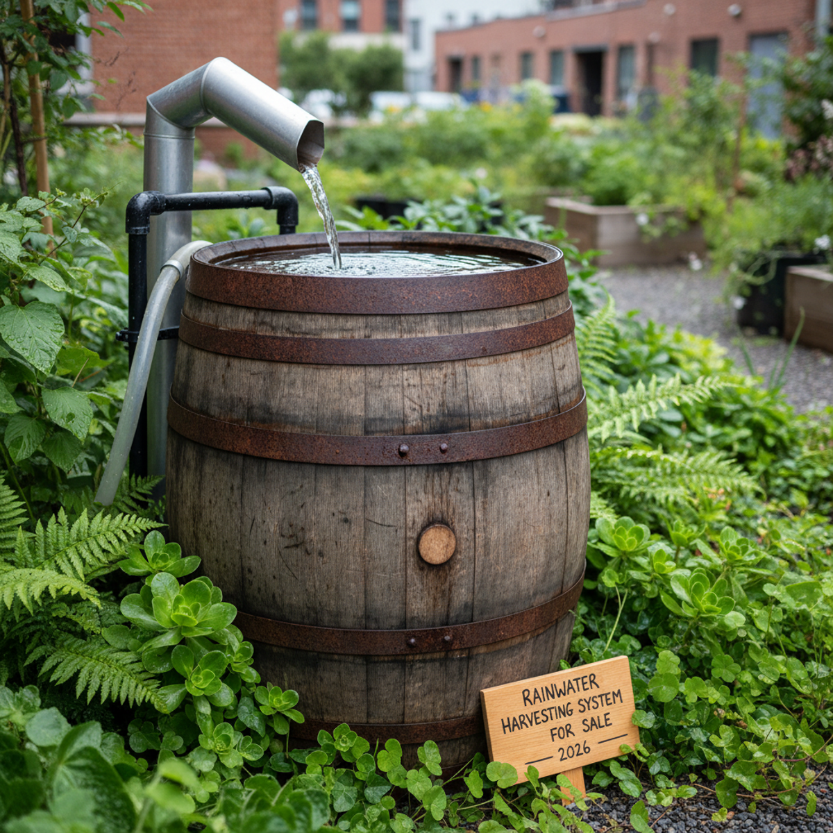 Weathered barrel collects rainwater from downspout in lush eco-garden.