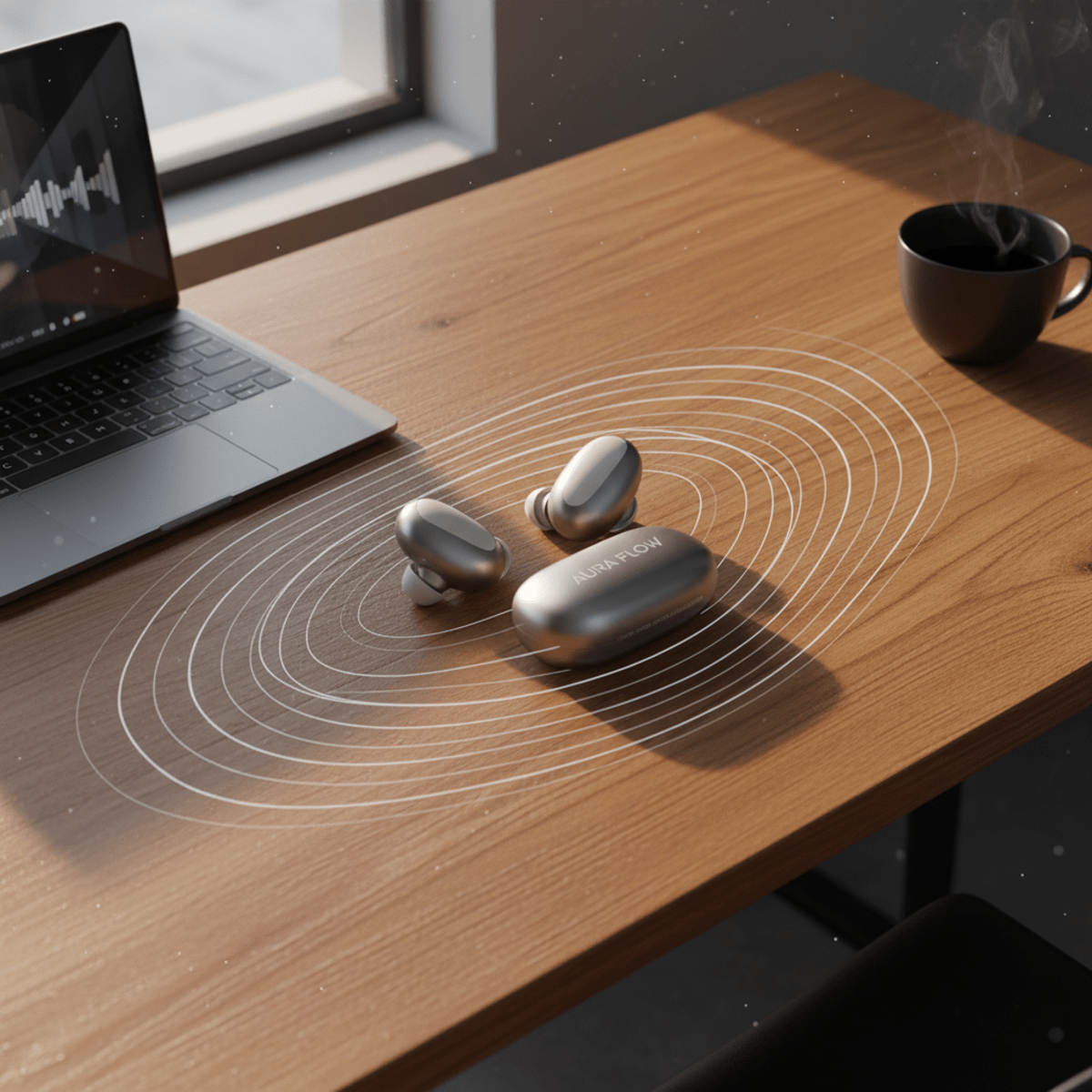 Futuristic minimal earbuds with wave patterns on a warm wooden desk.