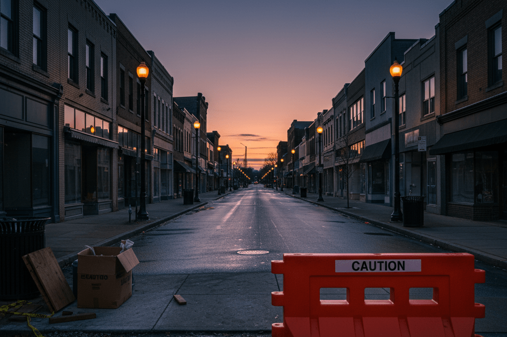 Wide-angle view of a quiet commercial street with caution barriers and scattered items, lit by streetlights, showing effects of structural failure
