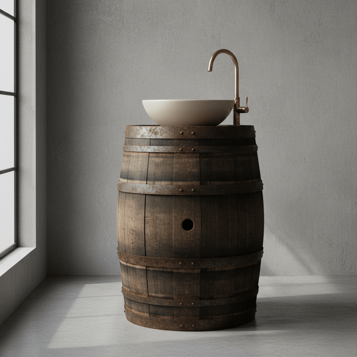 Rustic wine barrel vanity with ceramic basin and brass fixtures against concrete.