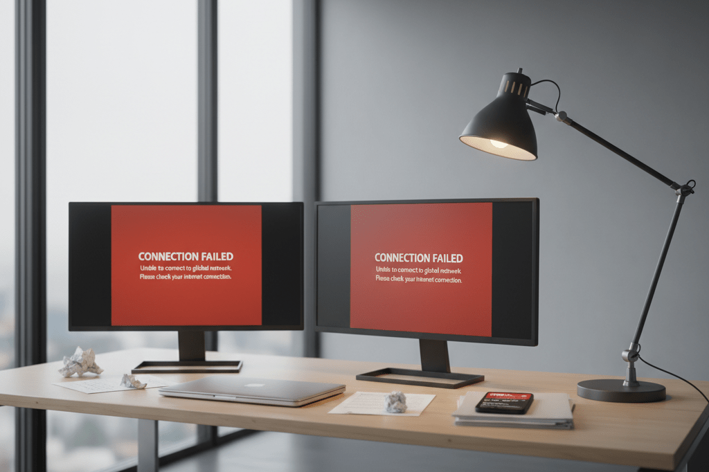 Unoccupied office desk with error screens and devices under natural light, illustrating platform failure impact