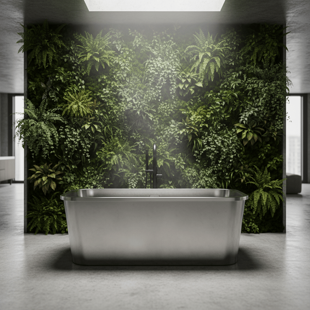 Modern bathroom sanctuary with a steel tub beside a lush living wall.