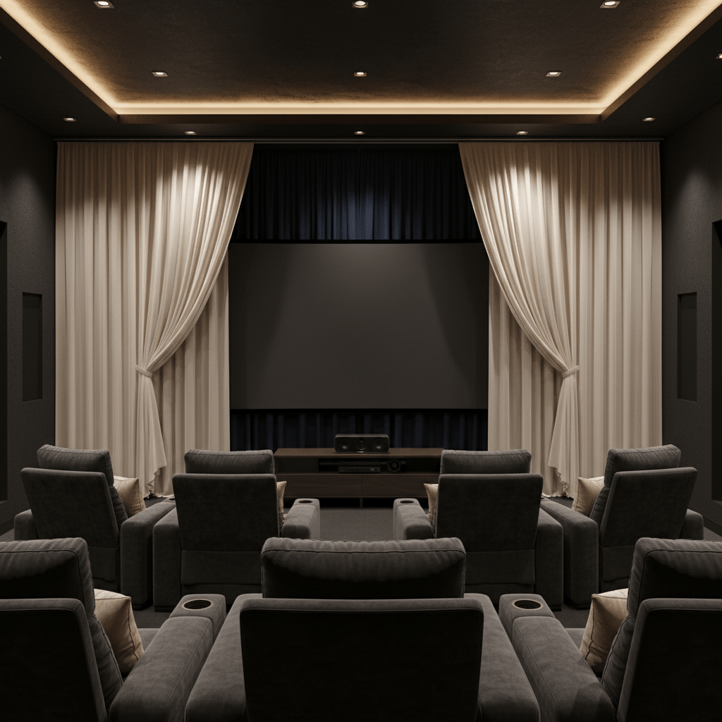 Automatic curtains in a futuristic home theater, sheer and blackout layers.