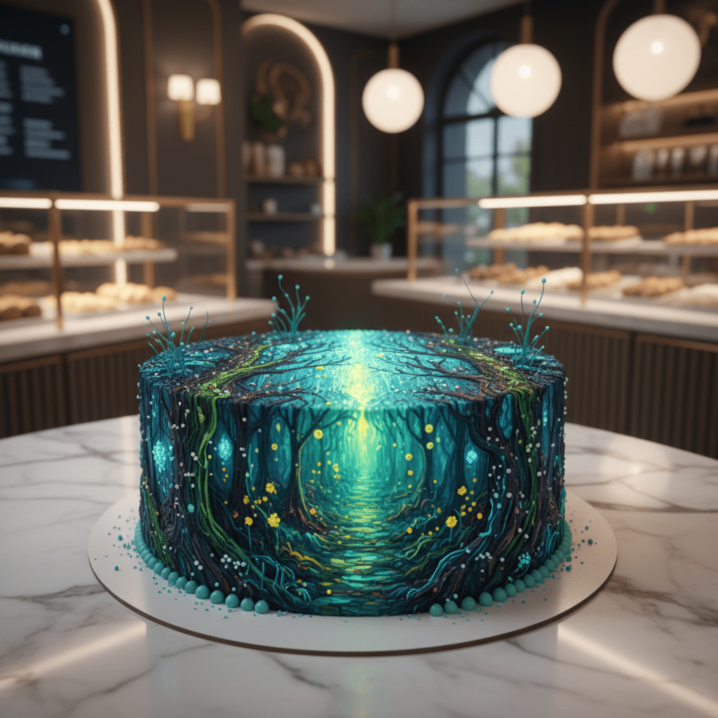 Edible printer cake with bioluminescent forest scene in Van Gogh style.