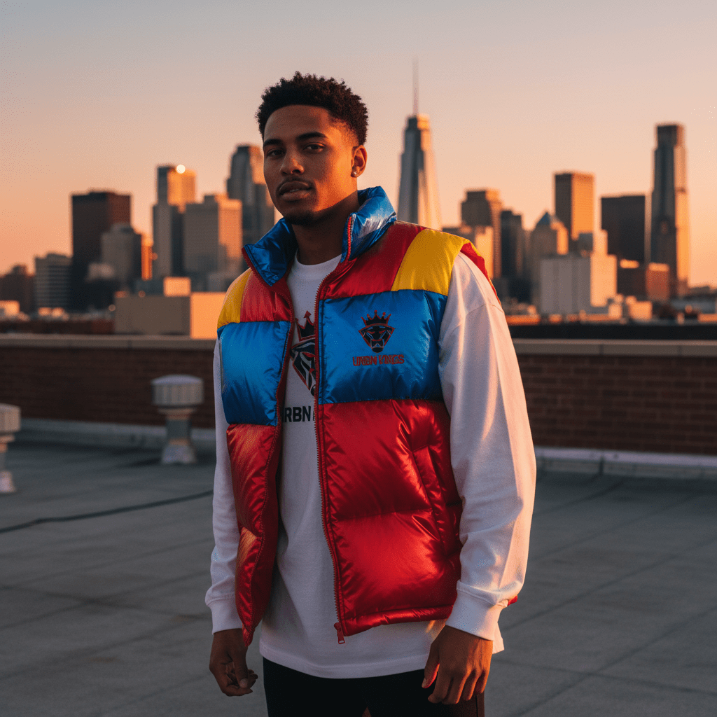 Vibrant red puffer vest with color-blocking layered over white tee on rooftop.