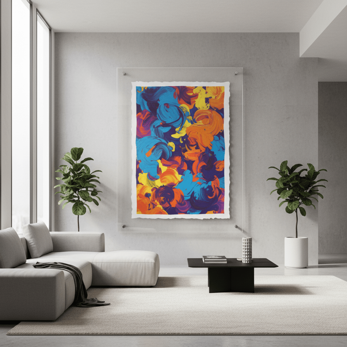 Sleek living room with floating acrylic framed abstract art. Contemporary living room featuring a floating acrylic frame with abstract art.