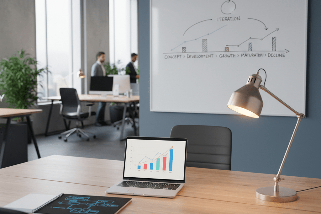 Desk with planning materials under warm lighting, representing systematic product lifecycle management