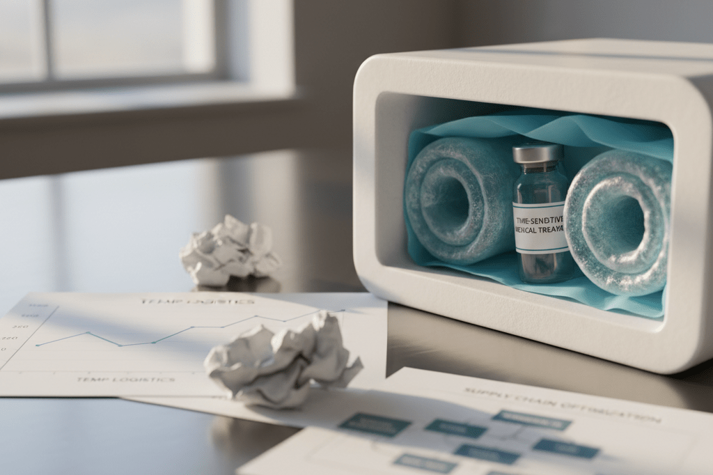 Close-up of a shipping container with temperature-sensitive medical vials under soft ambient light, highlighting healthcare urgency
