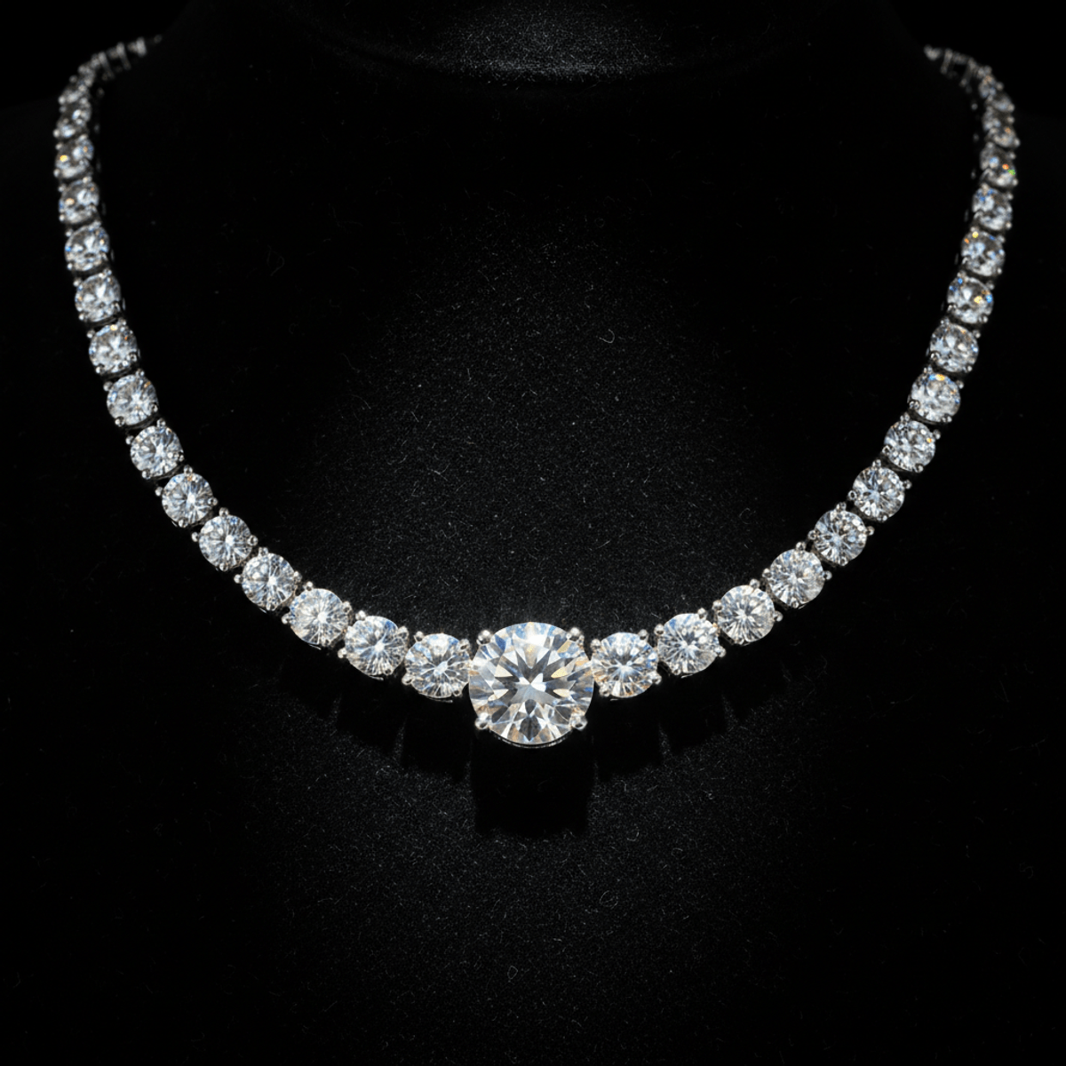 Close-up of moissanite diamond chain necklace on black velvet, showcasing graduated brilliant stones.