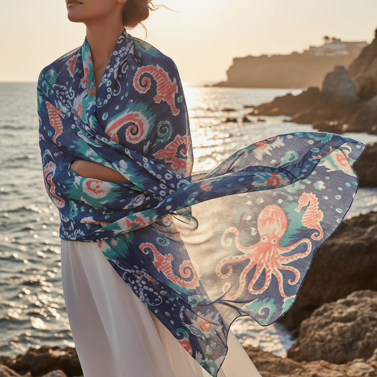 Bohemian animal print scarf with marine creatures billows in coastal breeze.