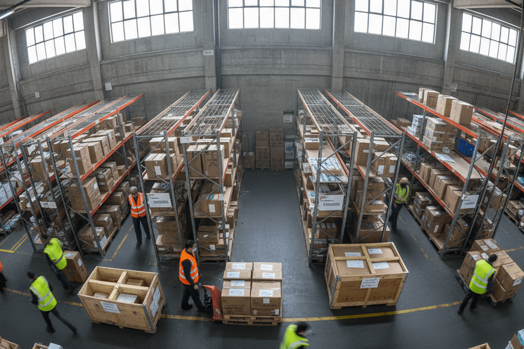 Busy warehouse filled with medical supplies and workers managing shipments under natural light