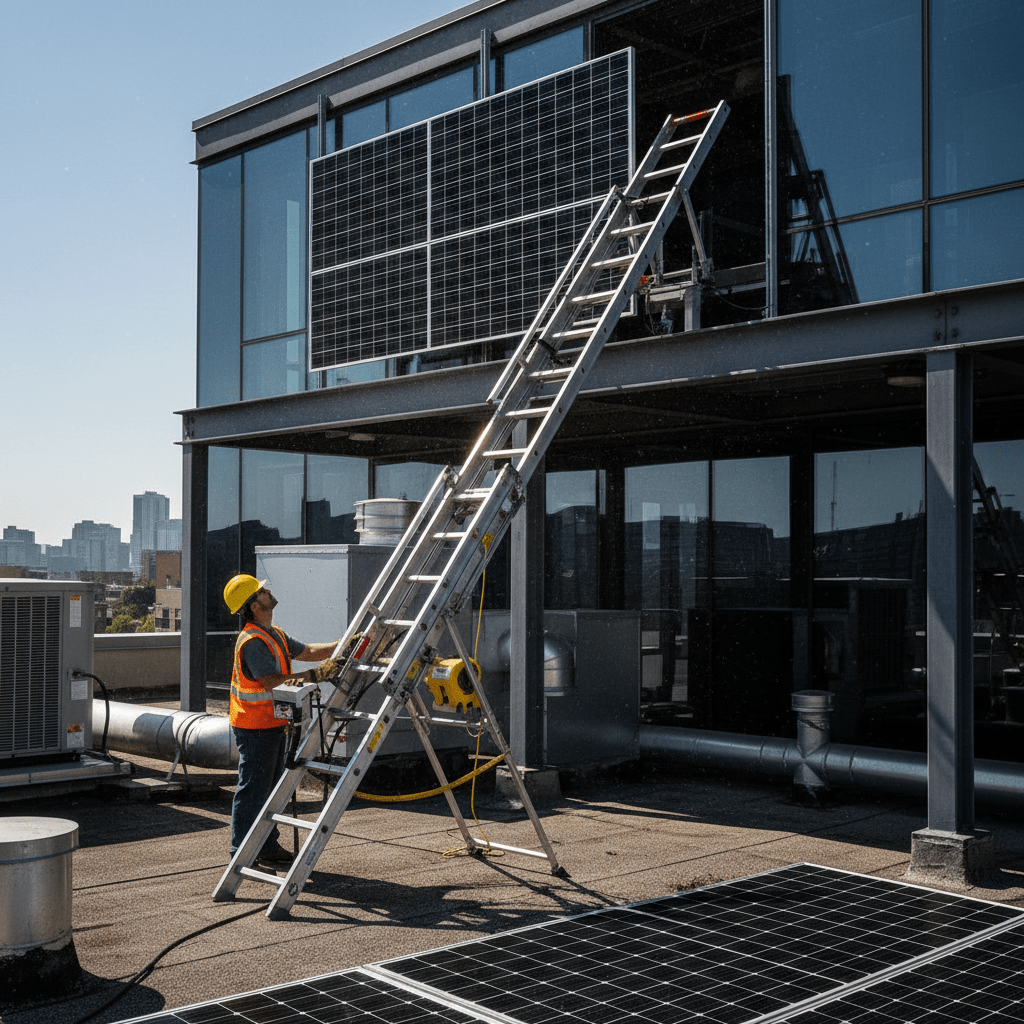 Ladder hoist lifts solar panel on commercial rooftop, installer monitors grip mechanism.