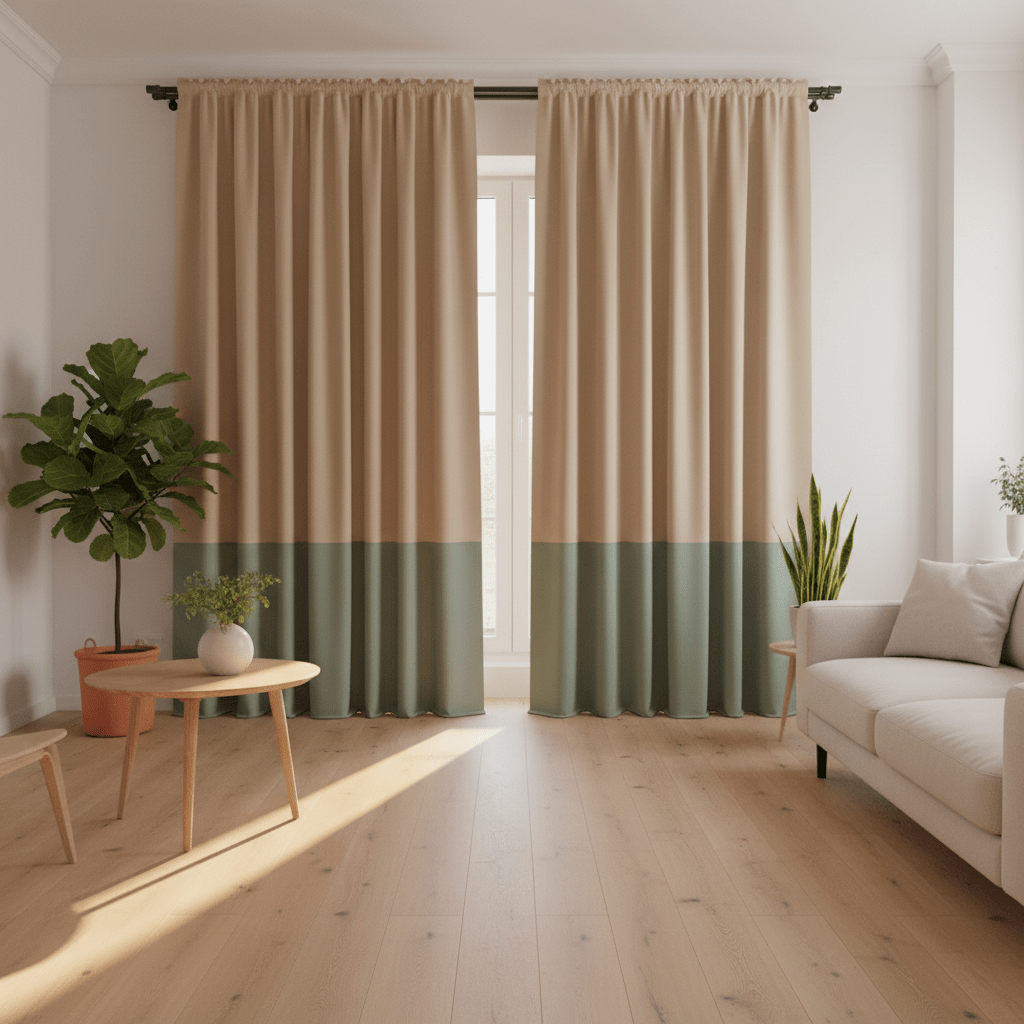 Modern beige and sage green living room curtains Modern color-block curtains in beige and sage green, draped smoothly in a contemporary living room.