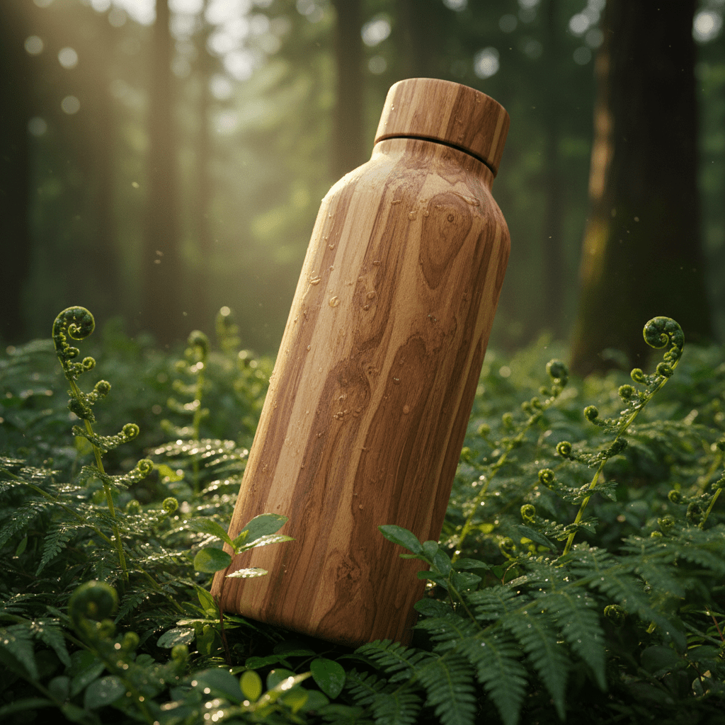 Sustainable bamboo tea bottle with natural texture in a lush forest setting.