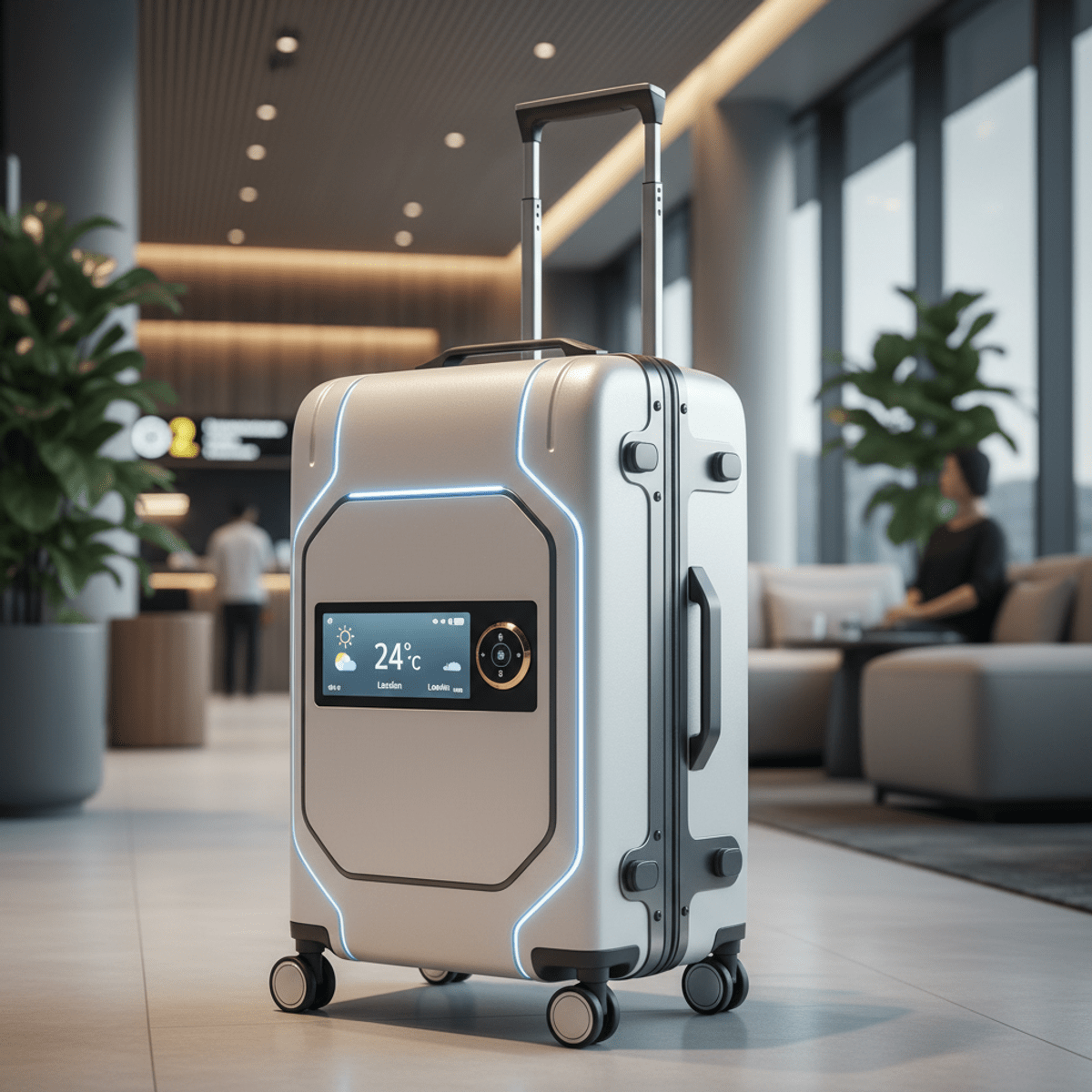 Futuristic trolley bag with LED lights and digital display. Pearl white futuristic trolley bag with blue LEDs and digital screen in lounge.