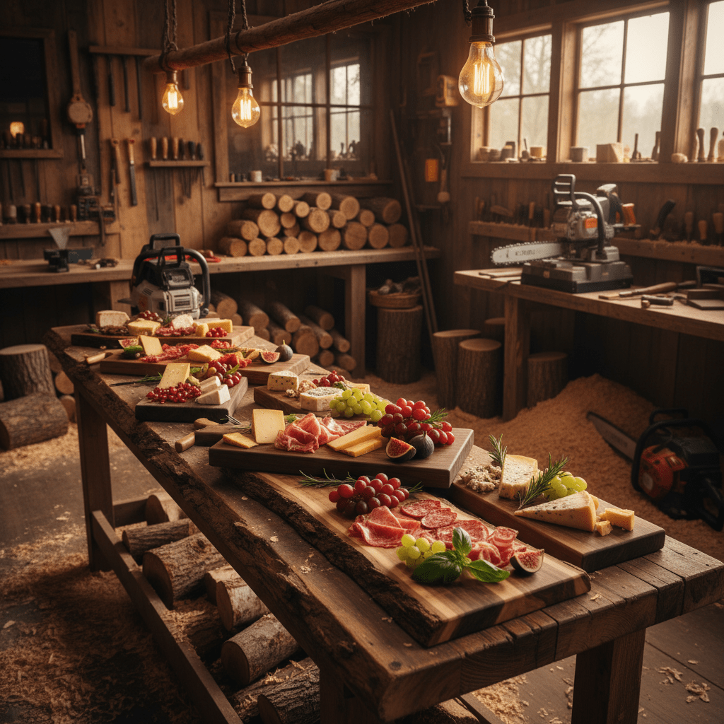 Rustic studio with artisanal walnut and maple charcuterie boards on a workbench.