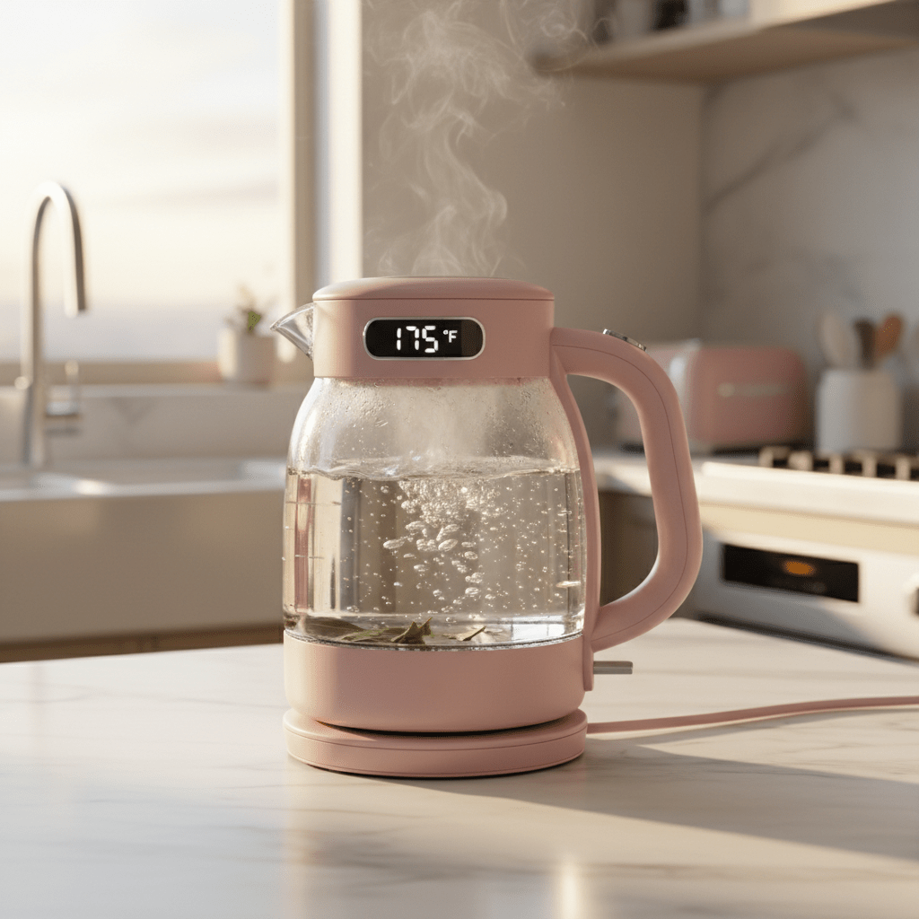Retro-futurist glass tea kettle with dusty rose handle on marble counter.