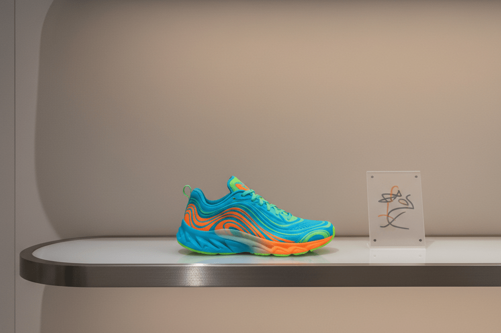 Single pair of reversed neon sneakers on museum shelf under warm light symbolizing luxury collectible status