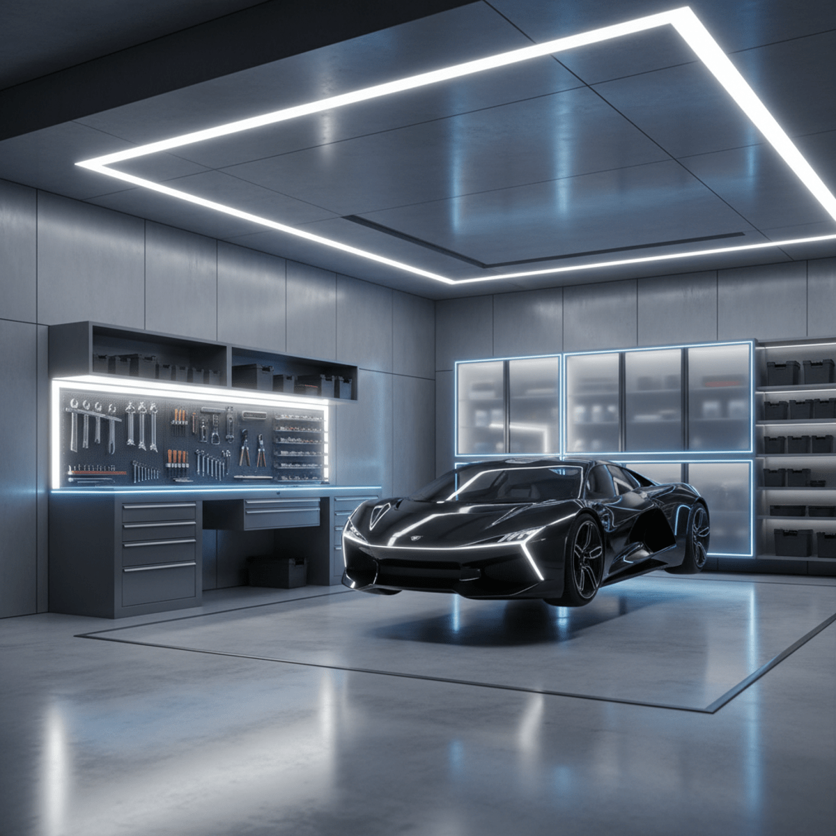 Futuristic garage with smart LED lighting and organized storage, polished concrete floor.