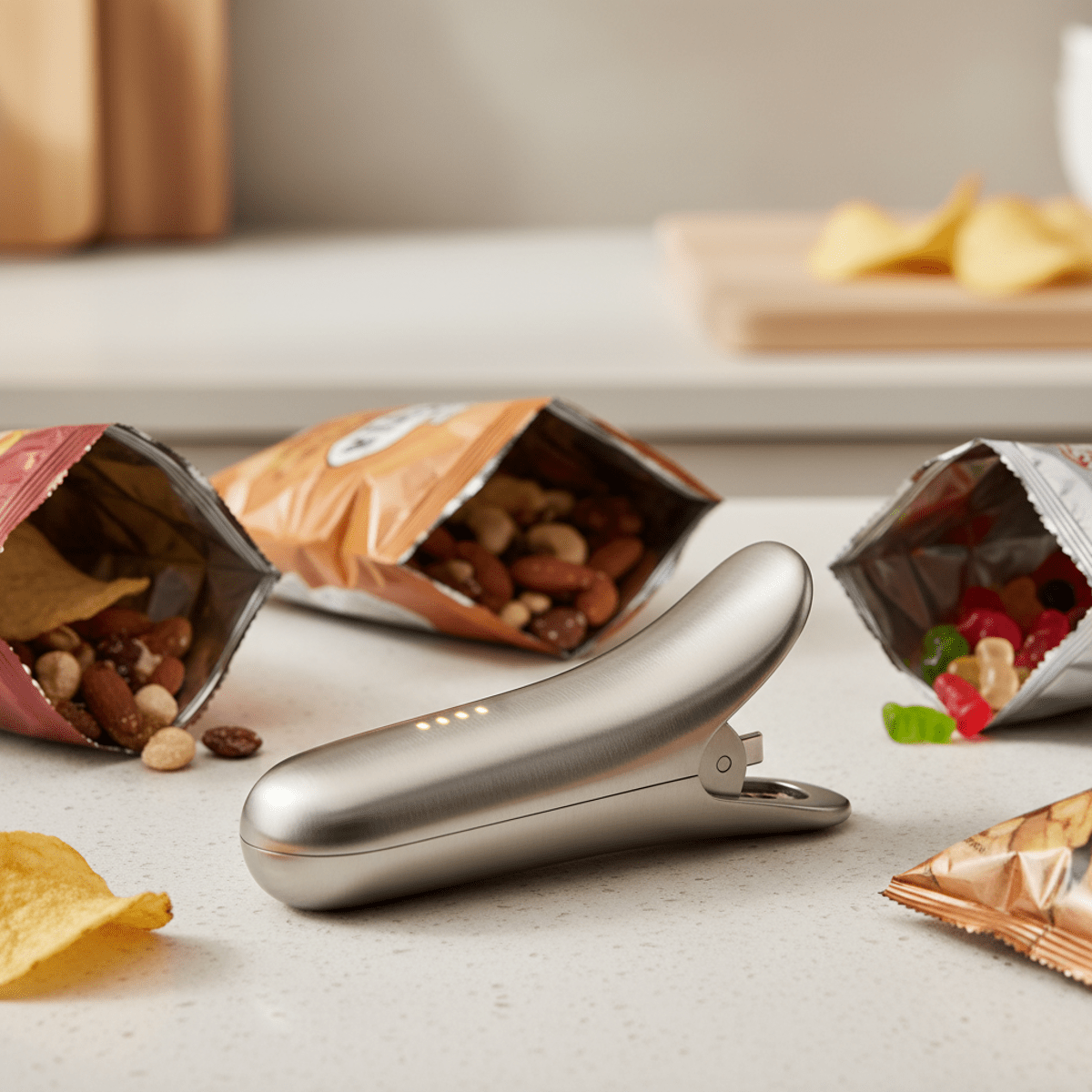 Ergonomic smart bag clip with USB-C charging. Sleek stainless steel smart bag clip with USB-C on a kitchen counter.