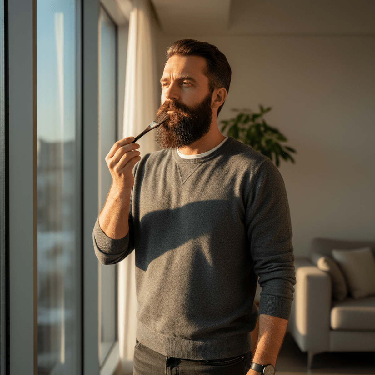 Stylish man applying beard dye, achieving vibrant, even color and healthy shine.