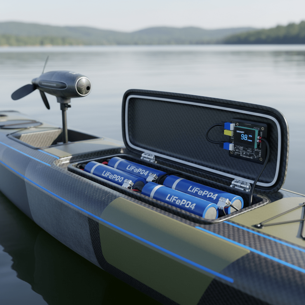 Fishing kayak battery compartment with high-capacity cells Close-up of a fishing kayak's waterproof battery compartment with LiFePO4 cells.